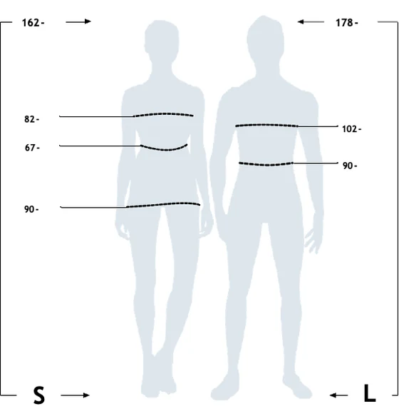 Suuruste juhend Joonis kahe figuuriga: suurus S – pikkus 162 cm, rinnaümbermõõt 82 cm, vööümbermõõt 67 cm, puusaümbermõõt 90 cm; suurus L – pikkus 178 cm, rinnaümbermõõt 102 cm, vööümbermõõt 90 cm